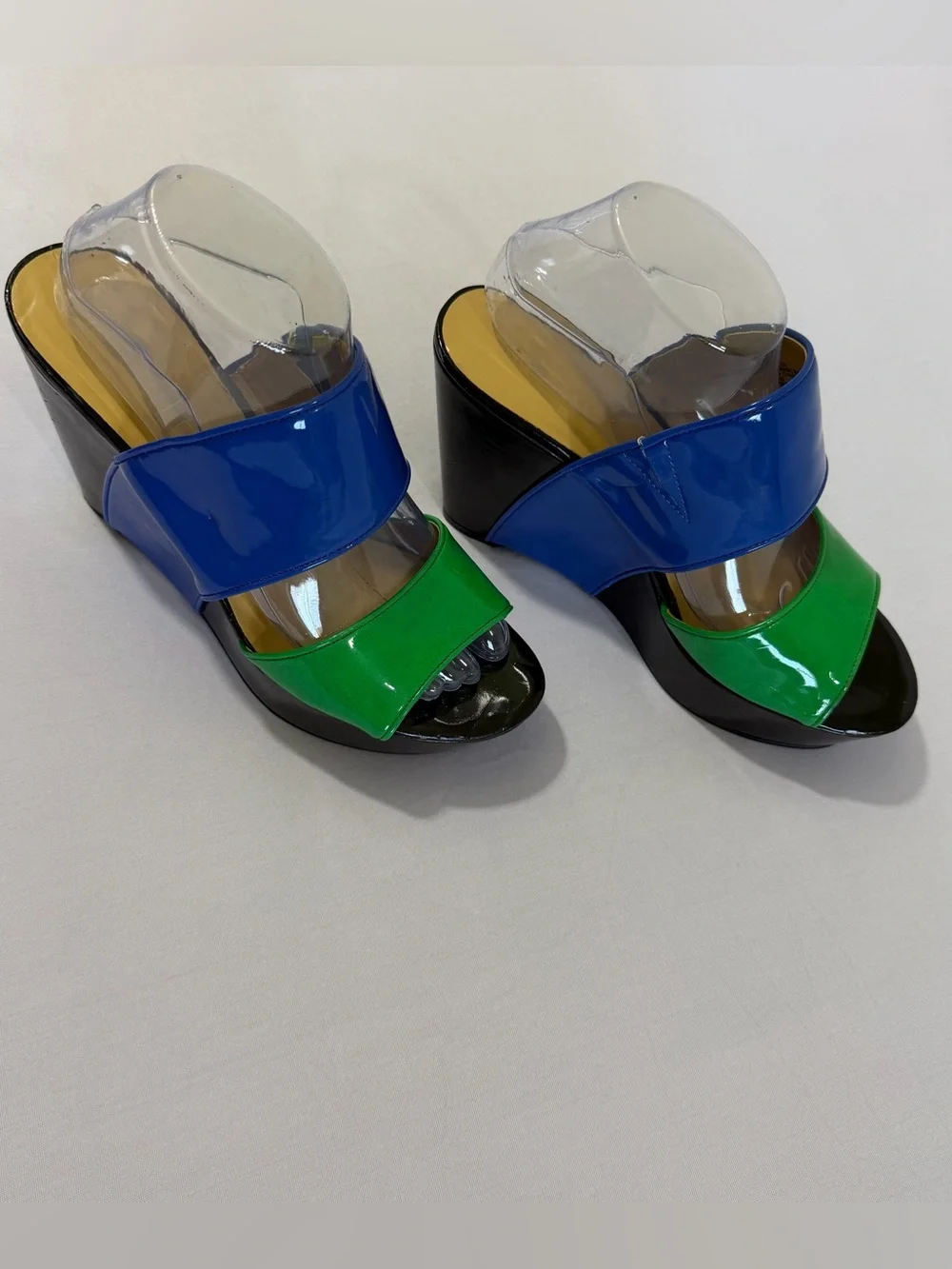 💙💚Nine West Colorblock Patent Platform Wedge Slide Sandals Blue Green Black| sz9